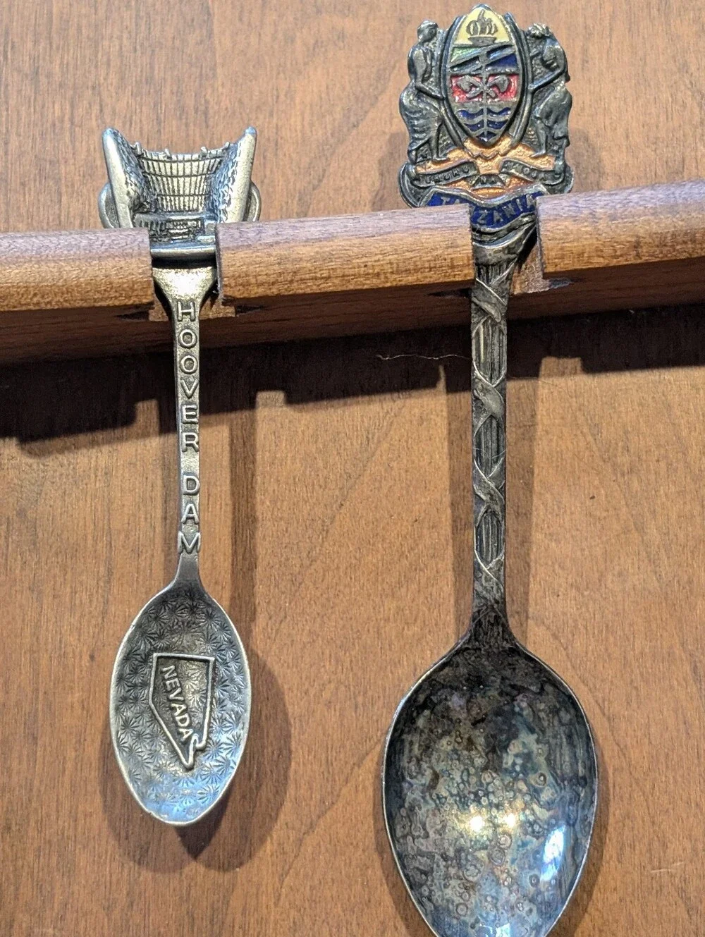 Vintage Decorative Souvenir Spoon Set on Wooden Display